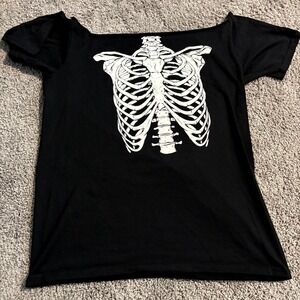 Women's Black Skeleton Rib Cage Graphic Off Shoulder Short Sleeve Goth Punk Top